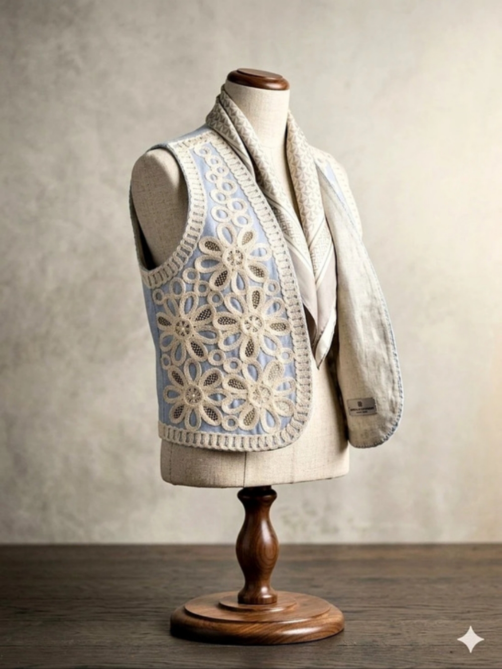 Lizette Collection Embroidered Vest in Blue & White Size Large Like New